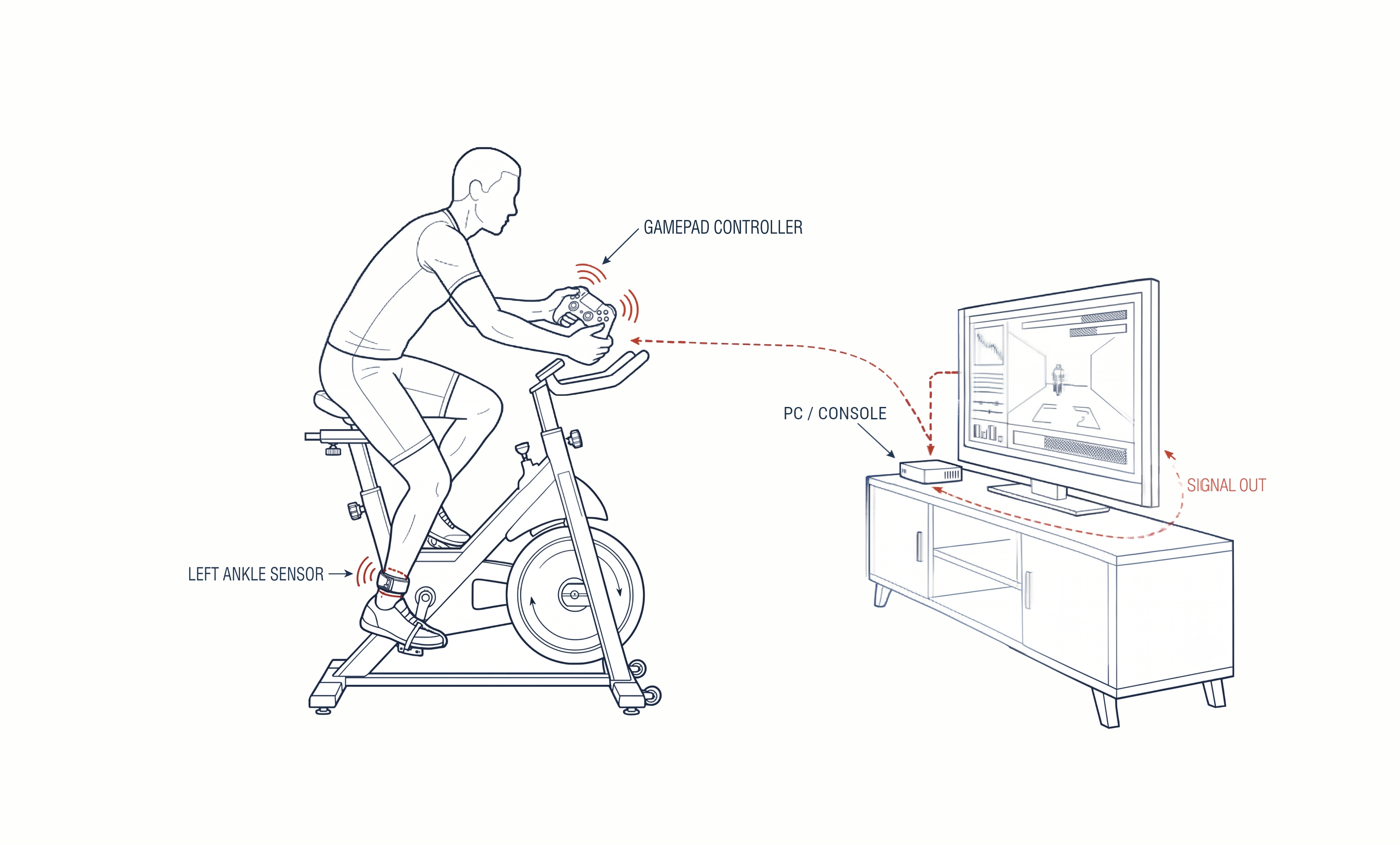 Diagram of the Knightsgate system: gamepad, ankle sensor, console, and display connected to an exercise bike